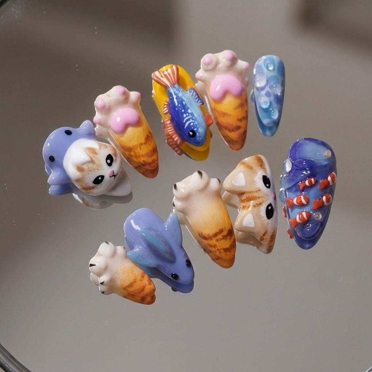 3D Cat and Ocean Animal Press-On Nail Set in Blue, Lavender, Pink, and Orange