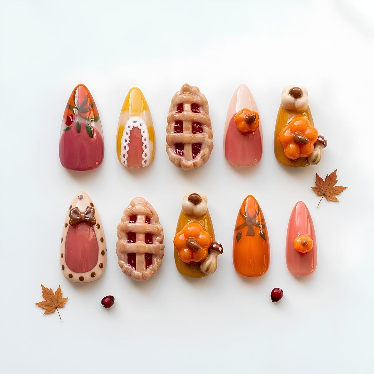 3D Cherry Pie and Woodland Mushroom Fall Press On Nails