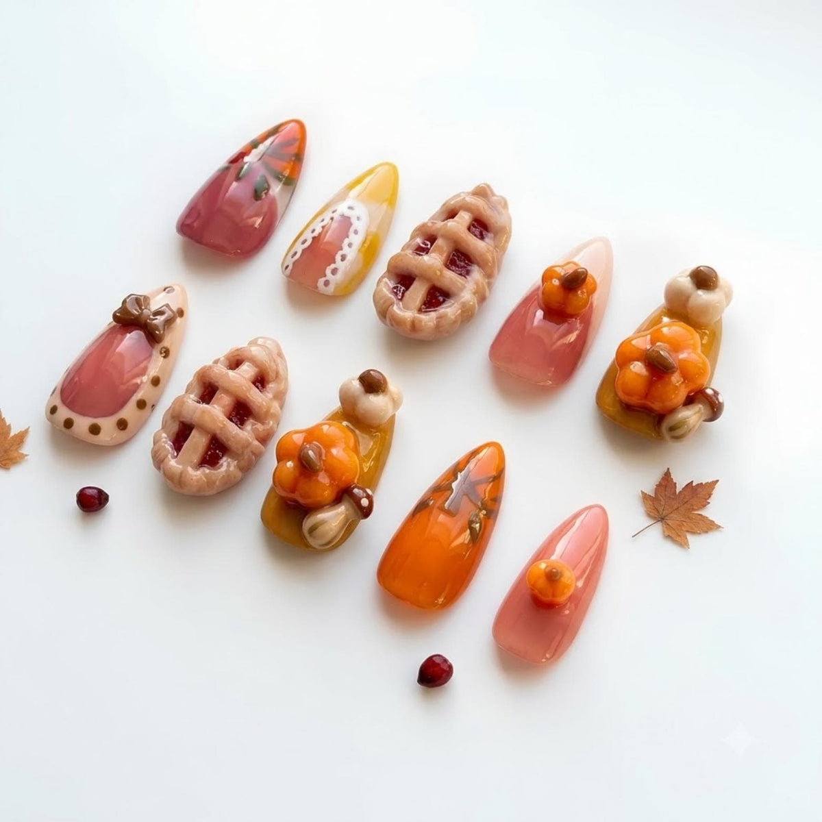 3D Cherry Pie and Woodland Mushroom Fall Press On Nails