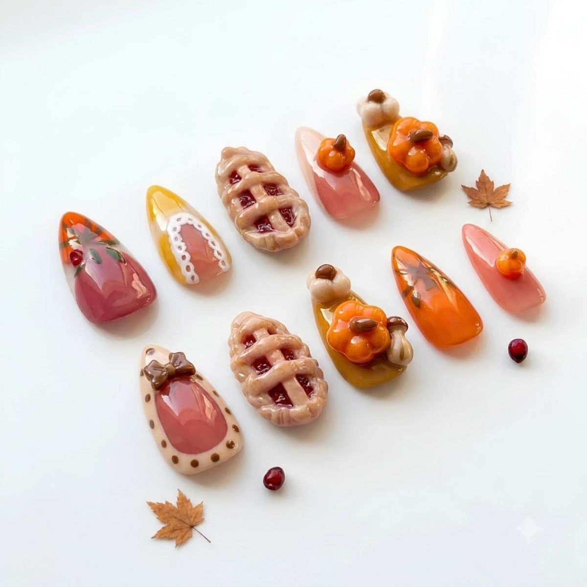 3D Cherry Pie and Woodland Mushroom Fall Press On Nails
