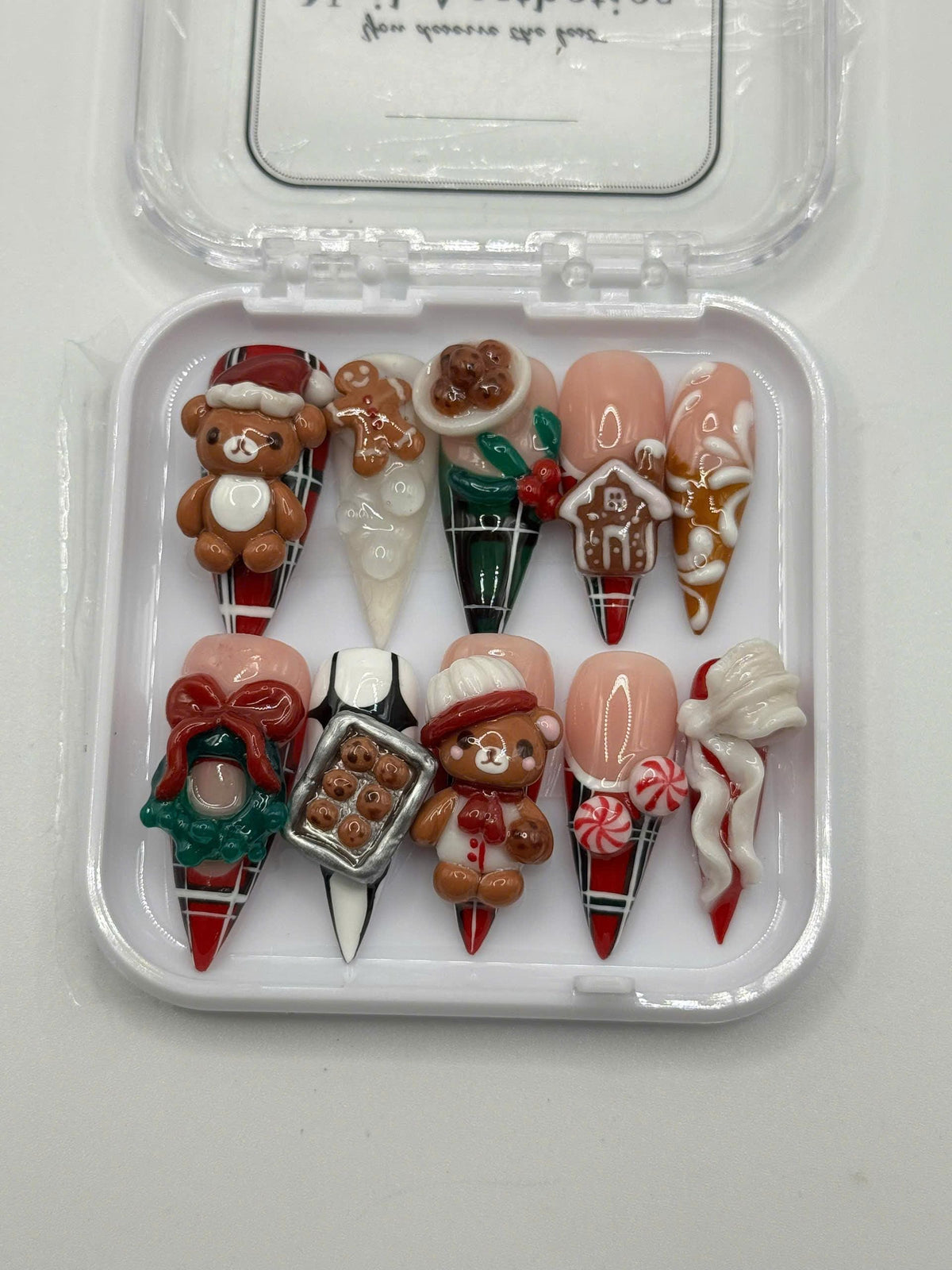 3D Christmas Bear and Gingerbread Press-On Nail Set