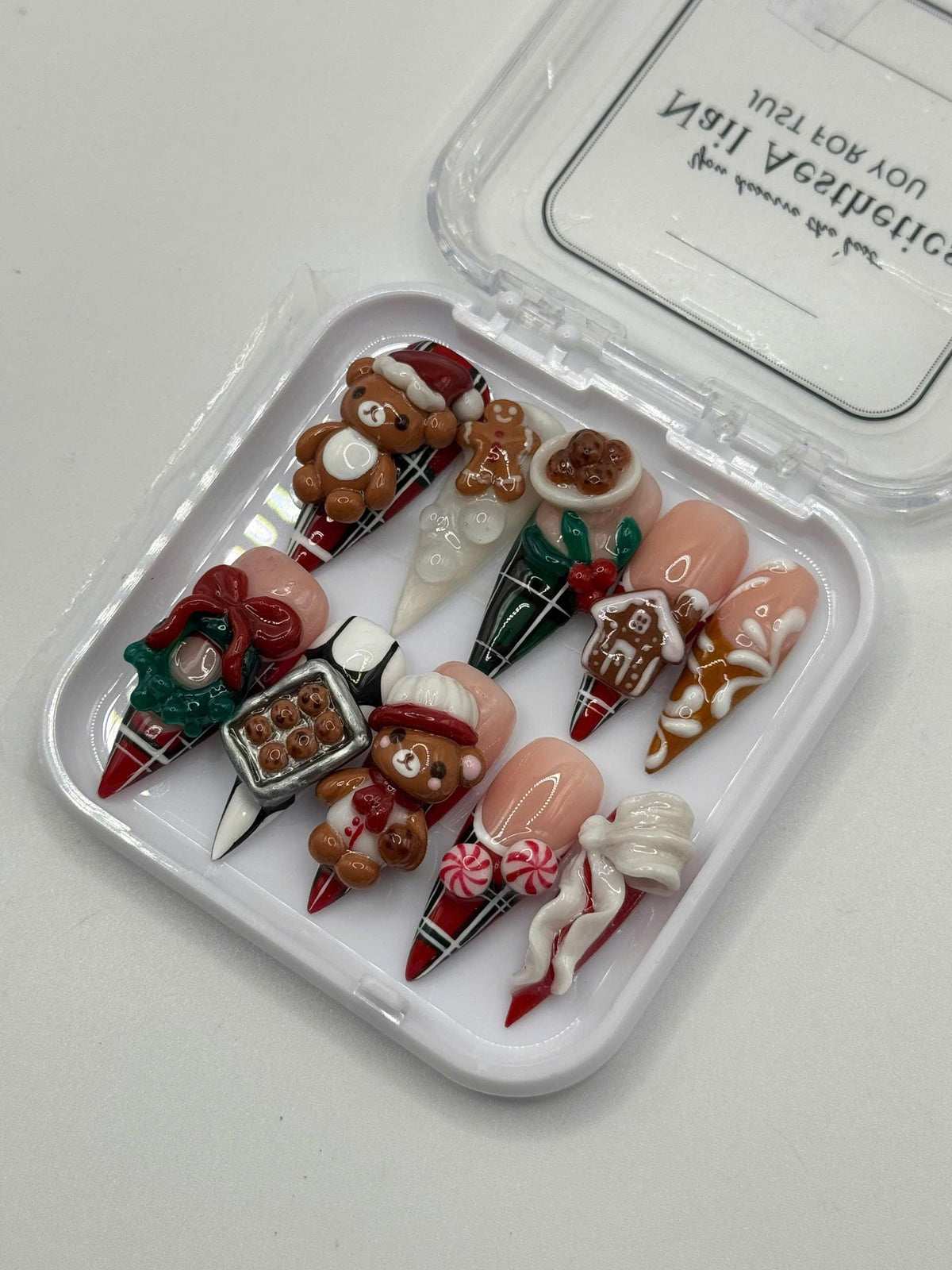 3D Christmas Bear and Gingerbread Press-On Nail Set