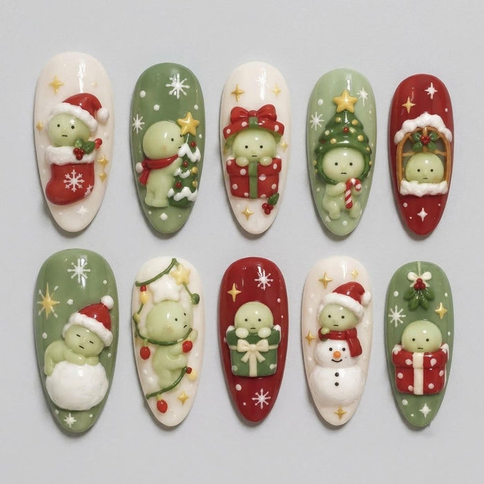 3D Christmas Character Press On Nails in Red, Sage Green, and Ivory