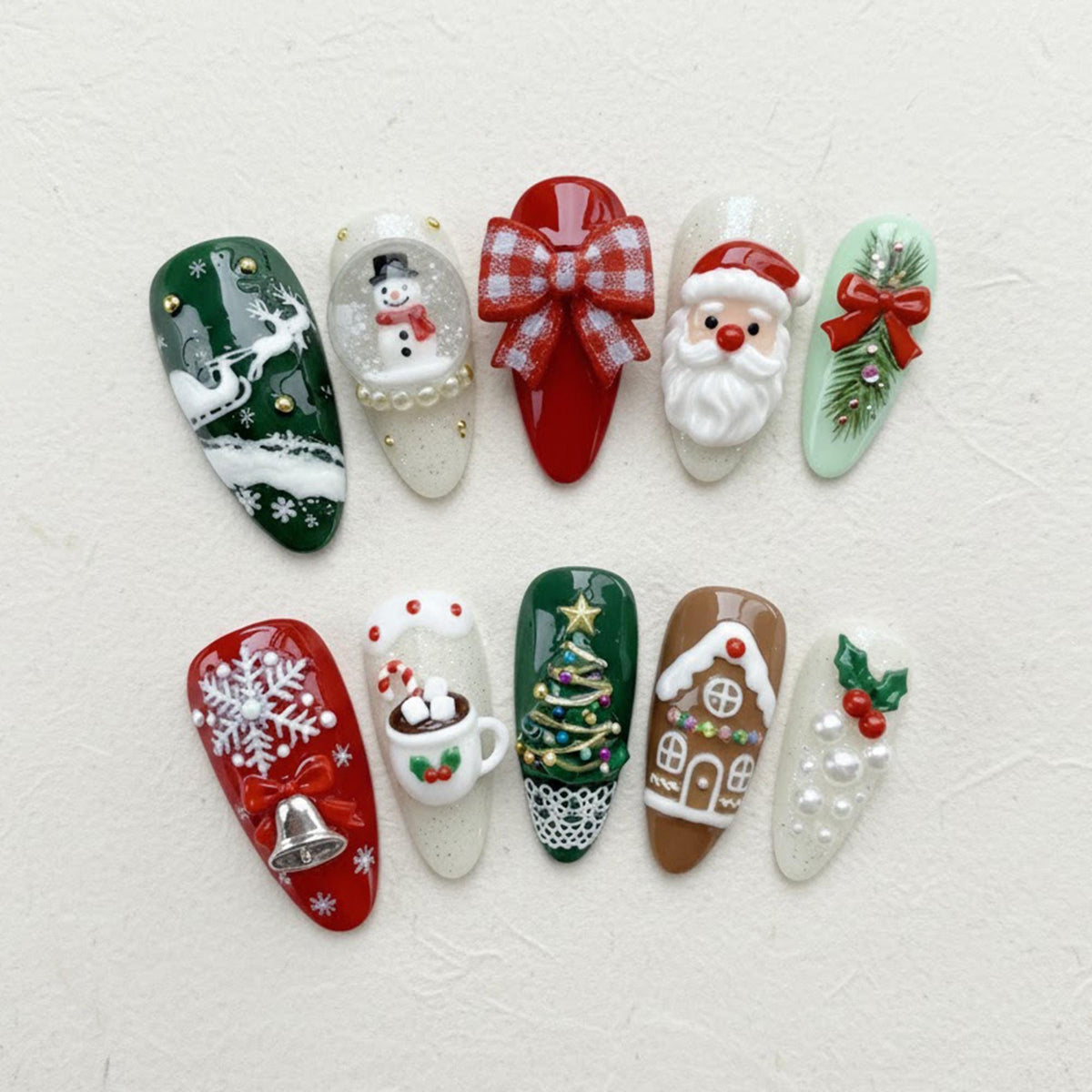 3D Christmas Nail Set With Santa, Snowman, Reindeer, Plaid Bow and Gingerbread Details