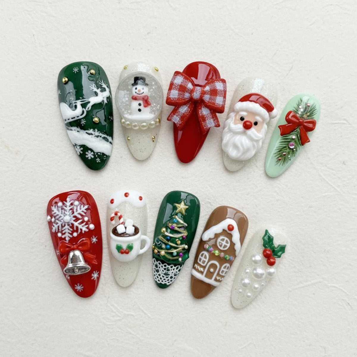 3D Christmas Nail Set With Santa, Snowman, Reindeer, Plaid Bow and Gingerbread Details