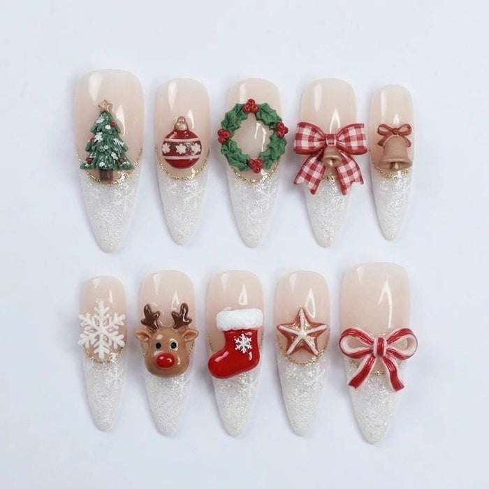 3D Christmas Press On Nail Set With Silver Glitter Tips and Festive Holiday Motifs