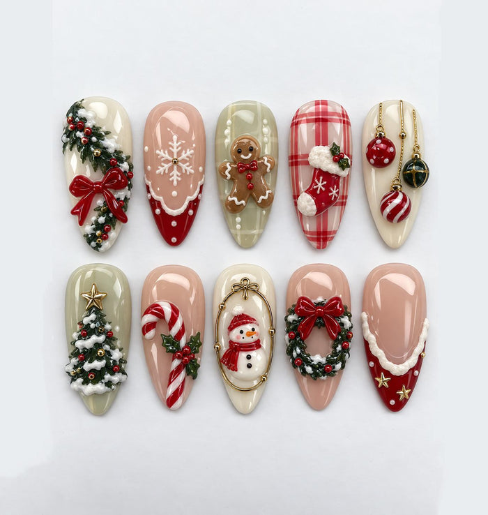 3D Christmas Press On Nails with Gingerbread, Snowman, Trees, Plaid, and Ornaments
