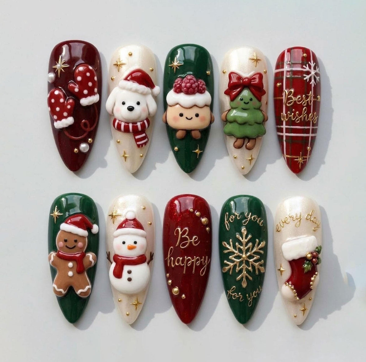 3D Christmas Nails with Red and Green Plaid, Festive Characters, Gold Details