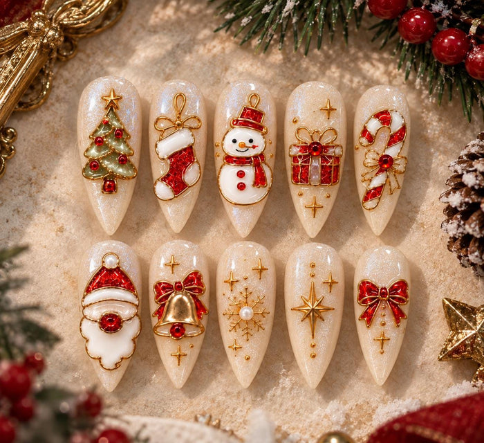 3D Christmas Press On Nails With Santa, Snowman, Tree, and Gold Details