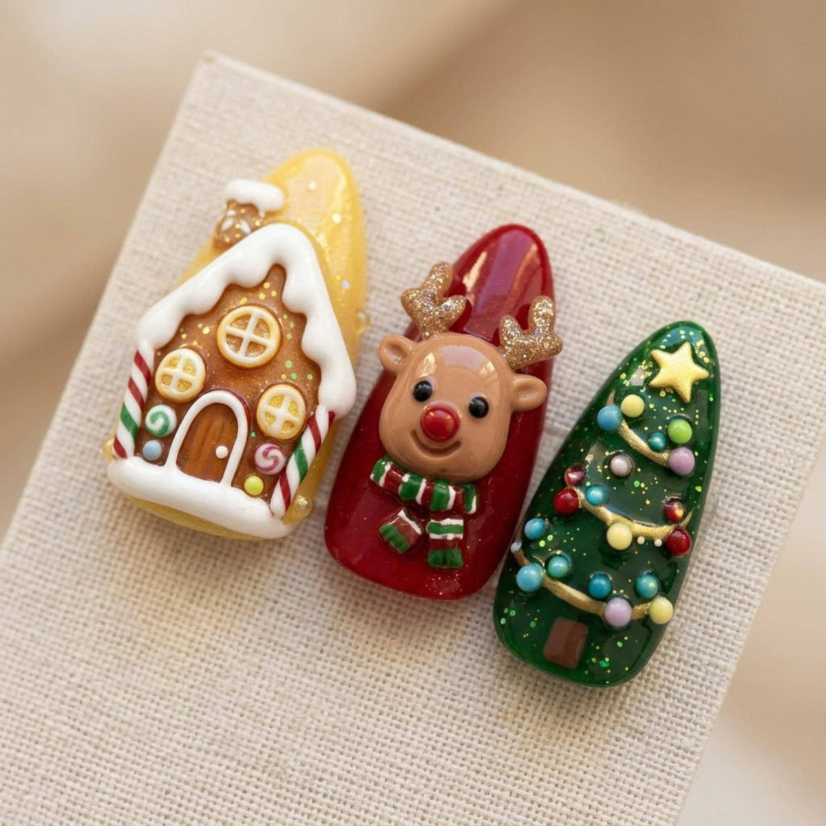 3D Christmas Press On Nail Set with Santa, Reindeer, Gingerbread House and Candy Cane Details