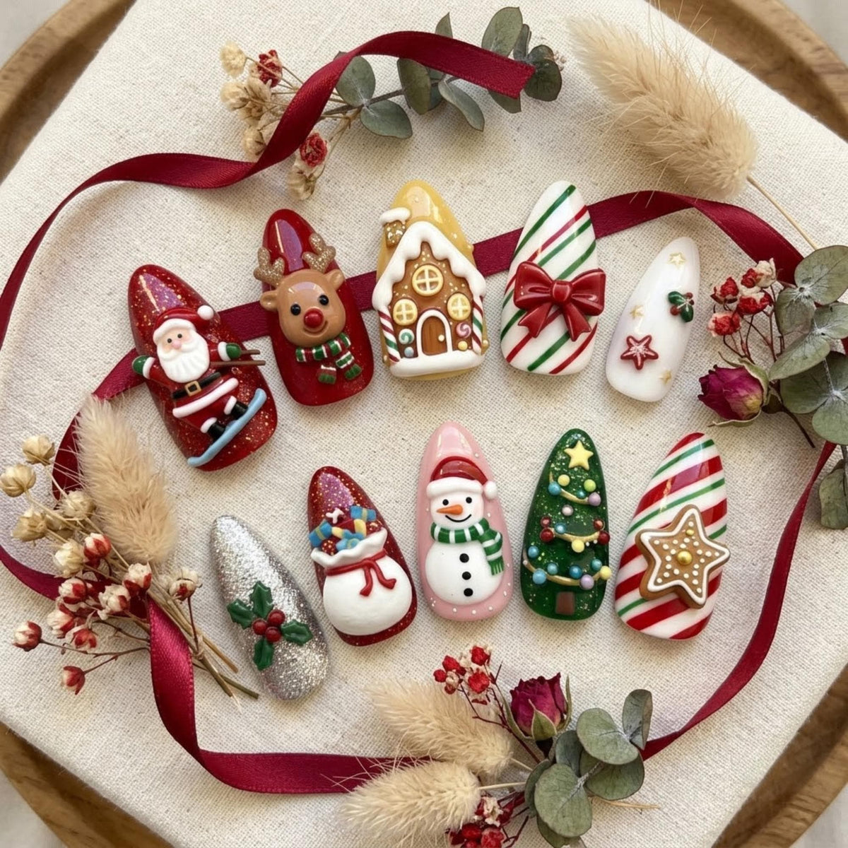 3D Christmas Press On Nail Set with Santa, Reindeer, Gingerbread House and Candy Cane Details