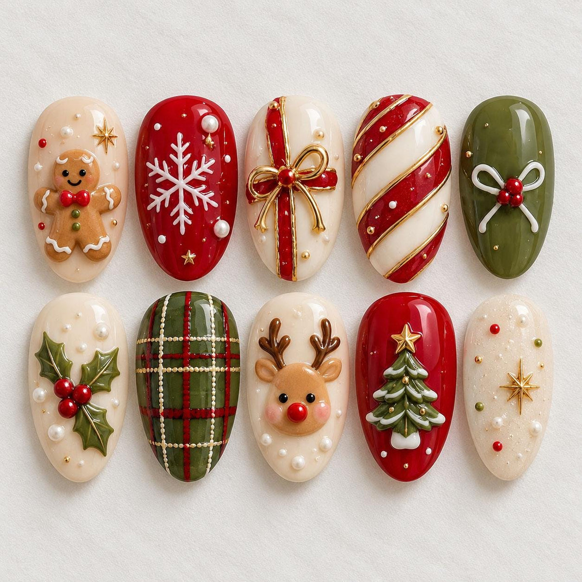 3D Christmas Press On Nails with Gingerbread, Reindeer, Plaid and Candy Cane Details