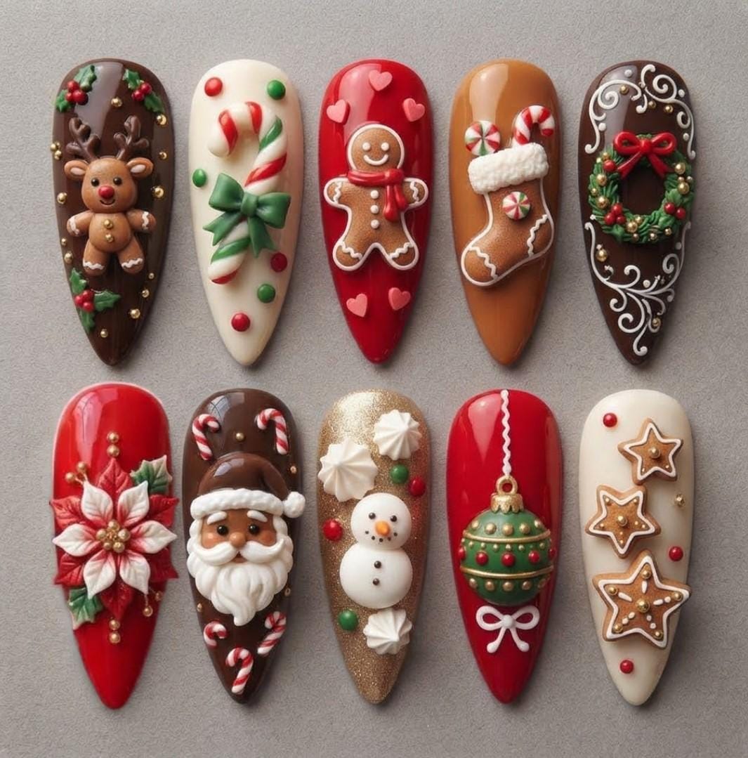 3D Christmas Press-On Nails With Gingerbread, Santa & Candy Cane Art