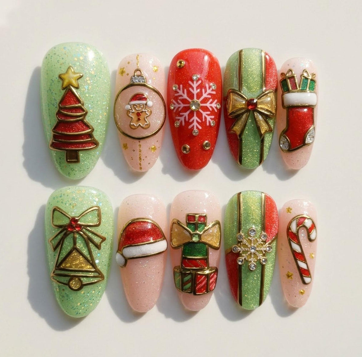 3D Christmas Press-On Nails with Glitter, Gold Details, and Holiday Charms
