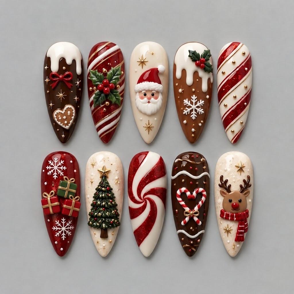 3D Christmas Press On Nails With Santa, Reindeer, Candy Canes and Gingerbread