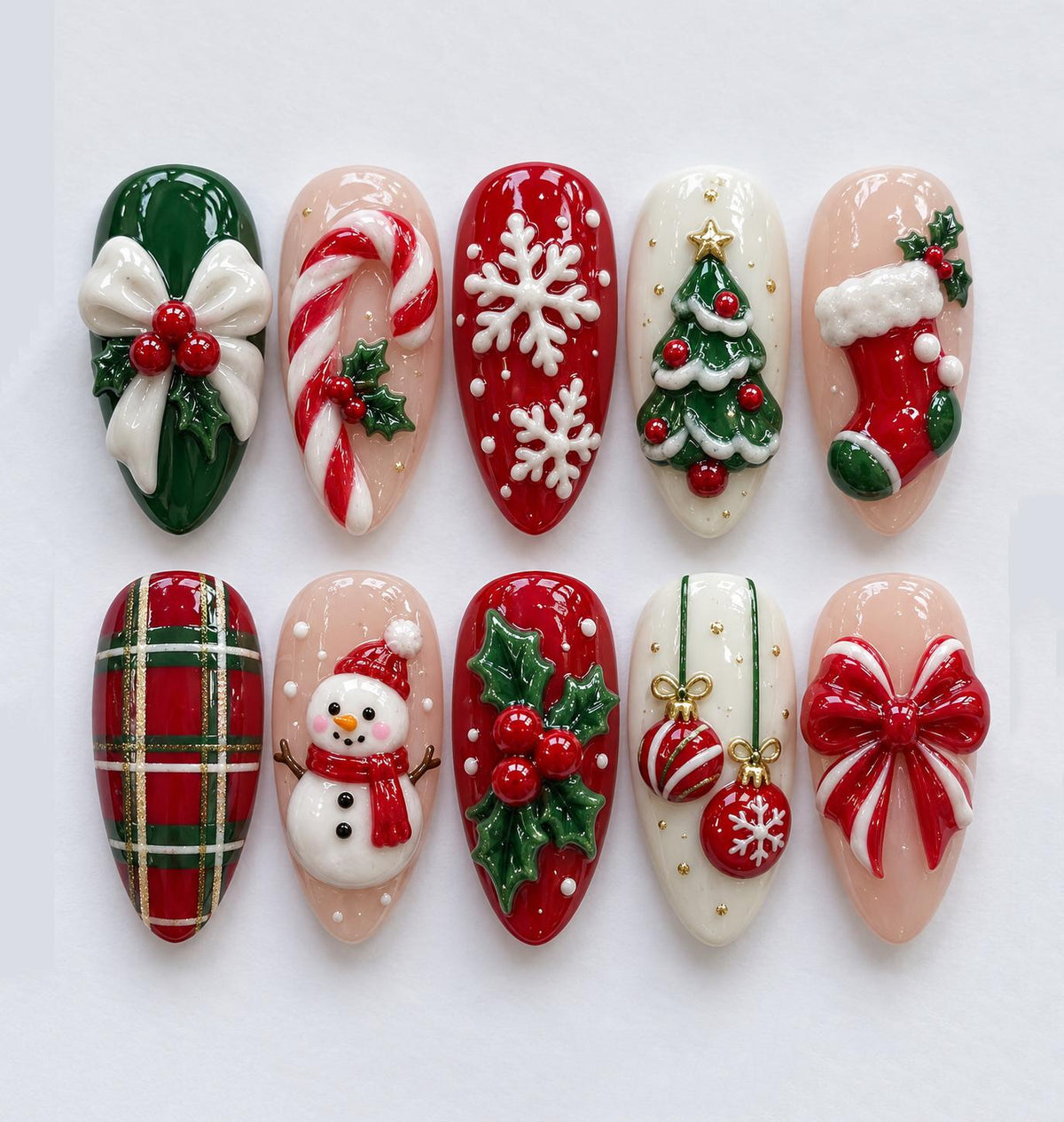 3D Christmas Press On Nails With Snowman, Candy Canes, Bows and Holiday Motifs