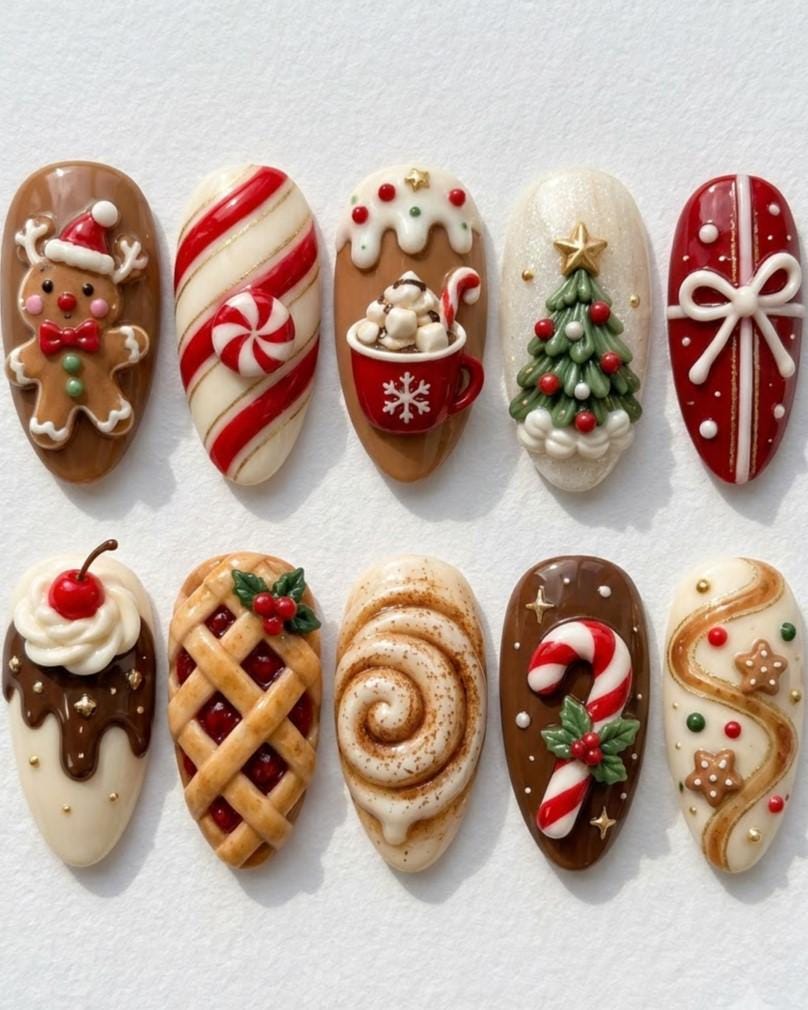 3D Christmas Sweets Press-On Nails with Gingerbread, Candy Canes, and Holiday Treats