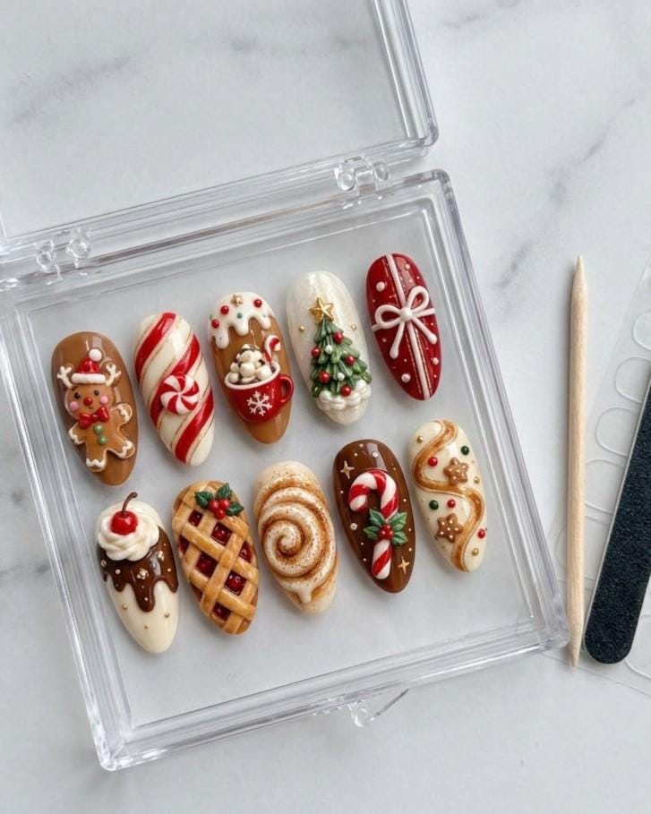 3D Christmas Sweets Press-On Nails with Gingerbread, Candy Canes, and Holiday Treats