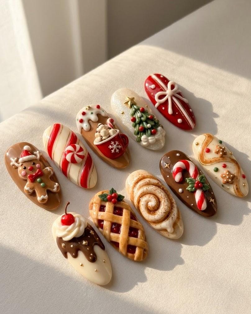 3D Christmas Sweets Press-On Nails with Gingerbread, Candy Canes, and Holiday Treats