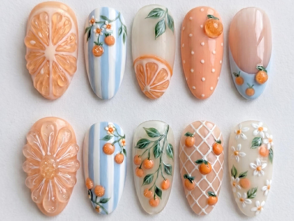 3D Citrus and Orange Flower Press On Nails in Peach and Blue for an Italian Summer Vacation