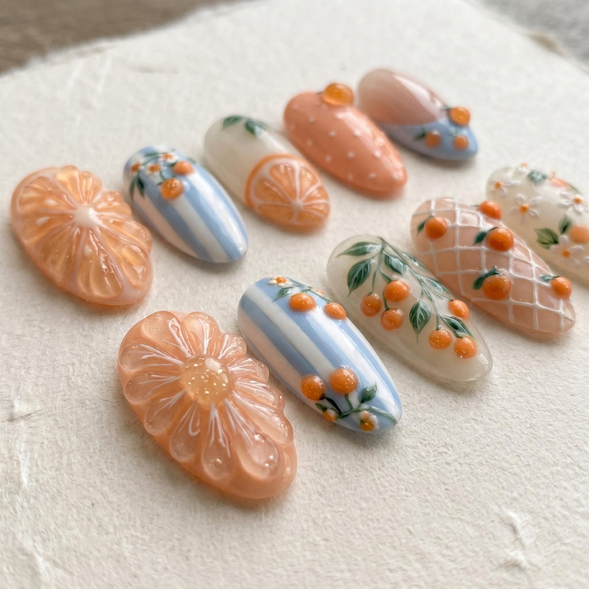 3D Citrus and Orange Flower Press On Nails in Peach and Blue for an Italian Summer Vacation
