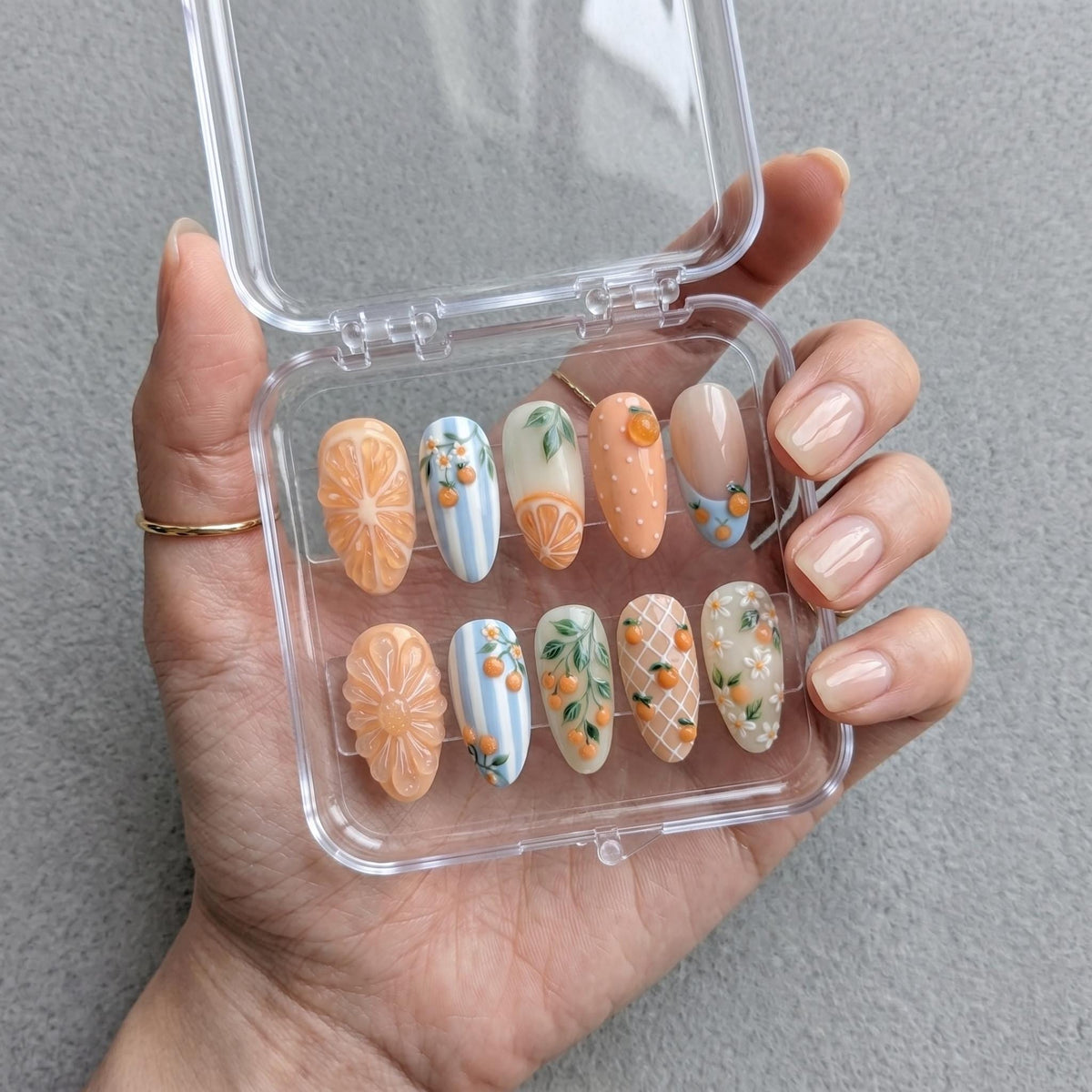 3D Citrus and Orange Flower Press On Nails in Peach and Blue for an Italian Summer Vacation