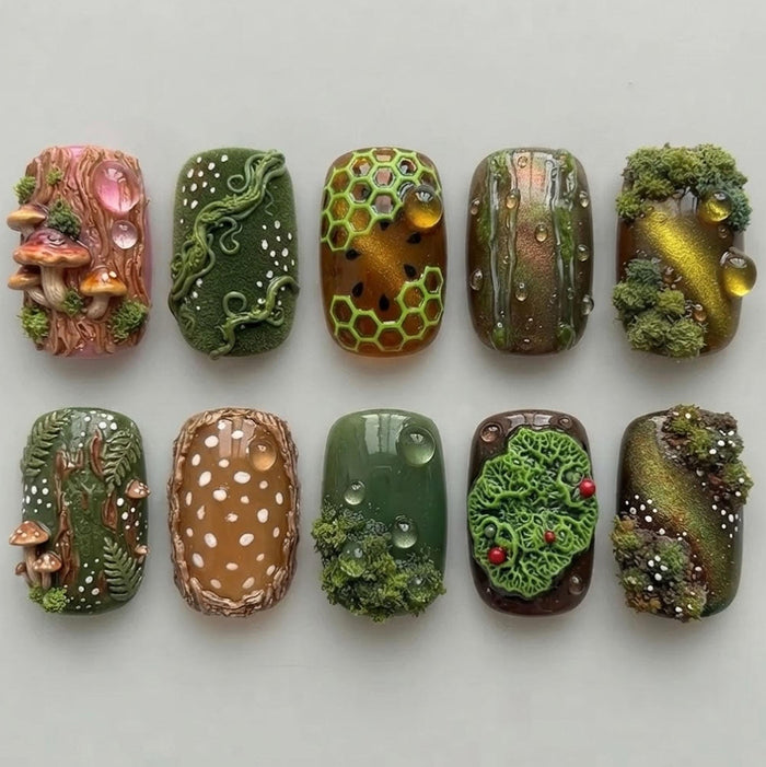 3D Enchanted Forest Press On Nails With Mushrooms, Moss, Vines and Honeycomb