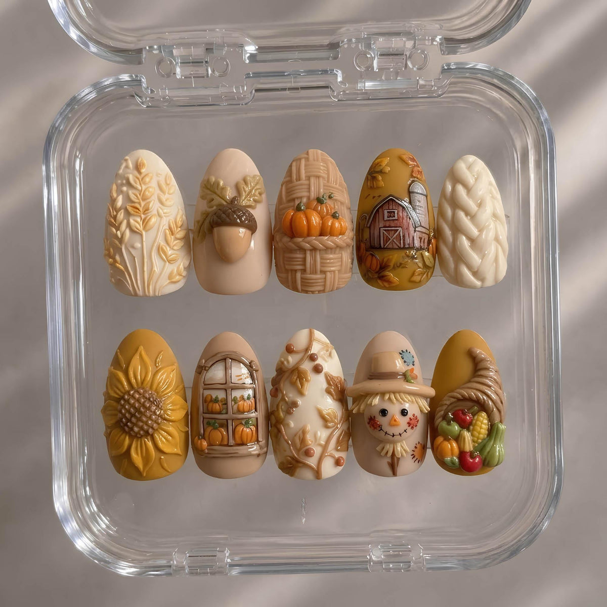 3D Fall Harvest Press On Nails With Pumpkins, Sunflowers and Barn Art