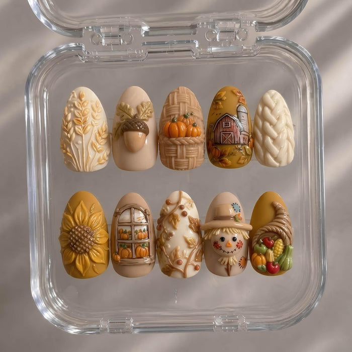 3D Fall Harvest Press On Nails With Pumpkins, Sunflowers and Barn Art