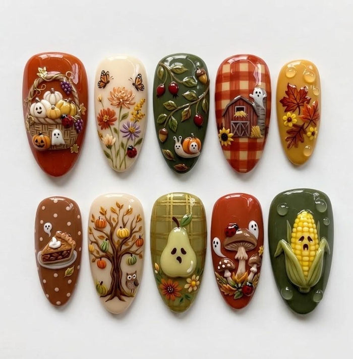 3D Fall Harvest Thanksgiving Press On Nails With Pumpkins, Corn, Mushrooms, Pears, and Plaid