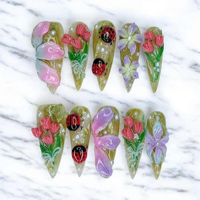 3D Floral Ladybug Spring and Summer Press-On Nail Set in Olive Gold