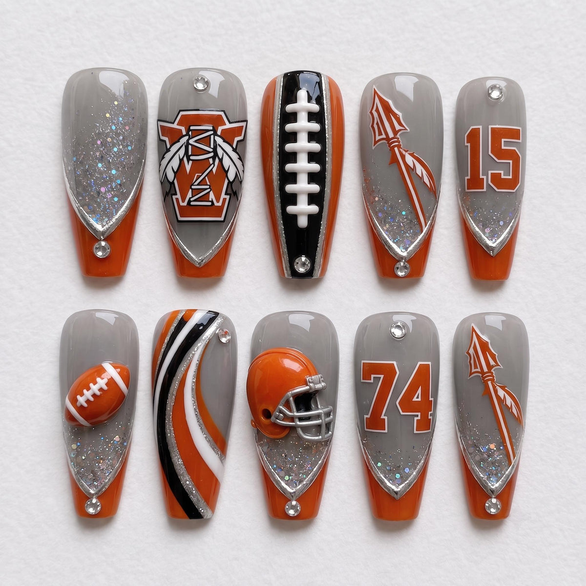 3D Football Game Day Nails With Gray Bases, Team Colors, Glitter and Rhinestones