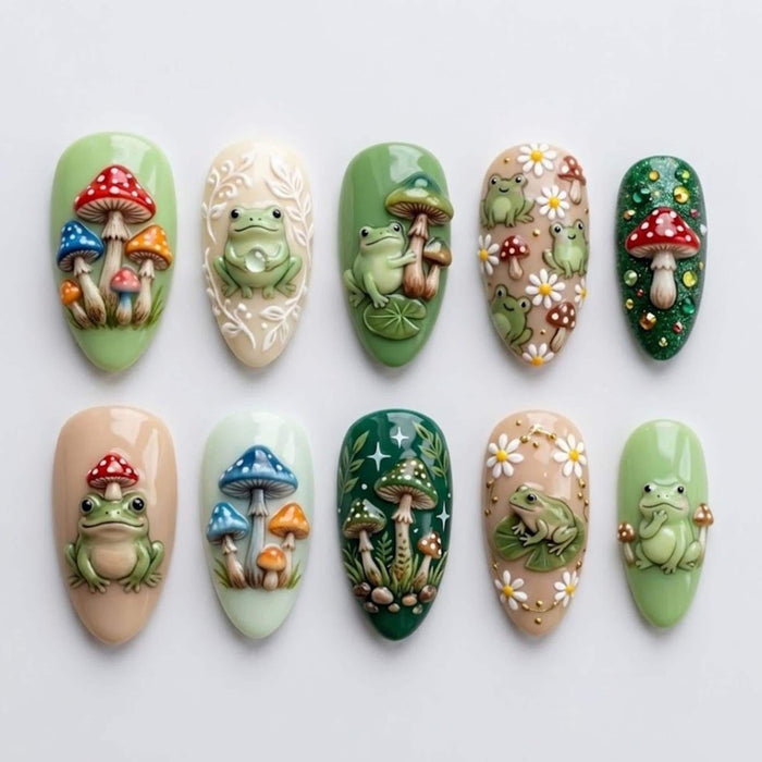 3D Frog and Mushroom Woodland Press On Nail Art in Green, Cream and Beige