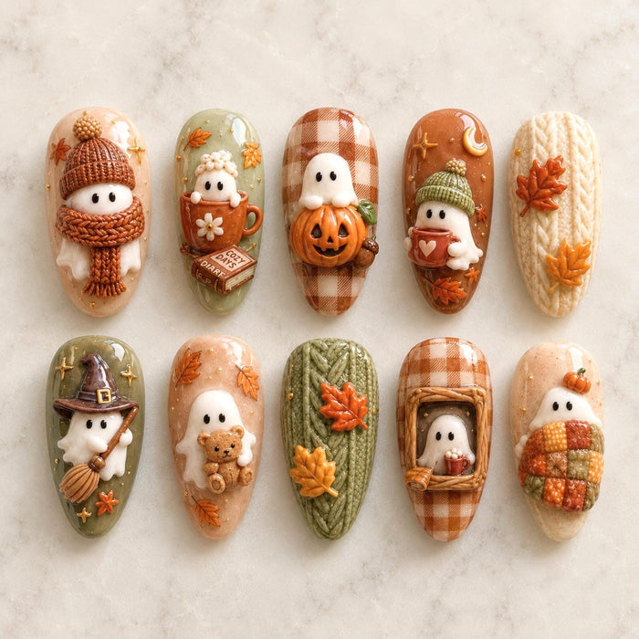 3D Ghosts, Pumpkins, and Plaid Autumn Press On Nail Set