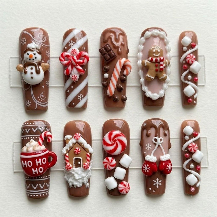 3D Gingerbread and Hot Cocoa Christmas Press On Nails