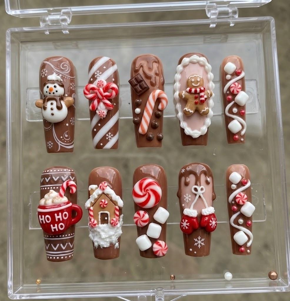 3D Gingerbread and Hot Cocoa Christmas Press On Nails