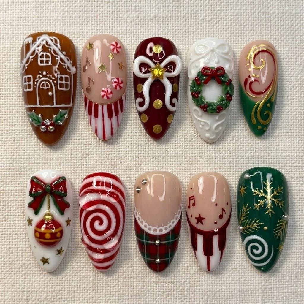 3D Gingerbread House Christmas Nail Set With Candy Canes, Wreath and Bows