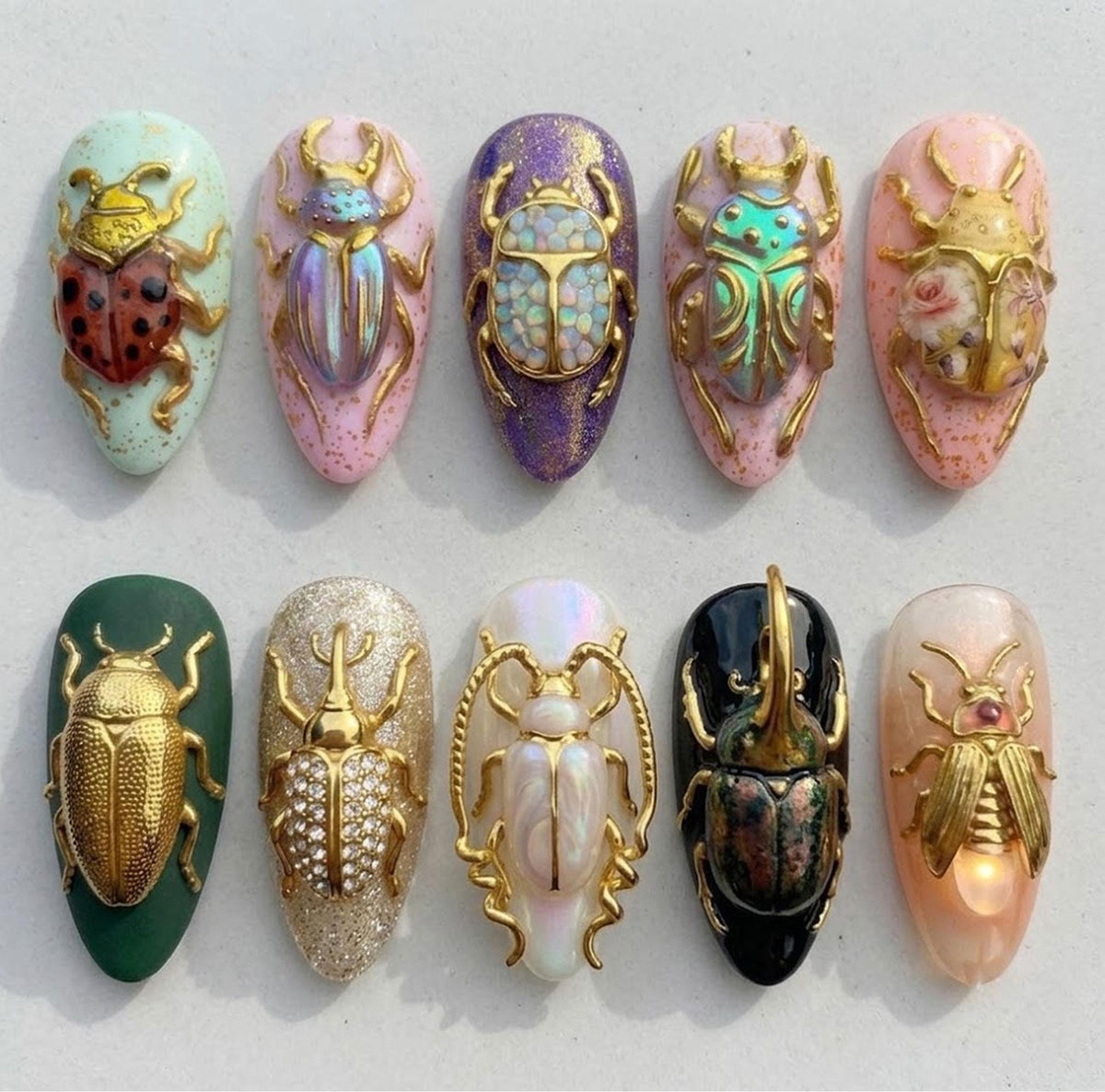 3D Gold Insect Press-On Nails in Pastel Colors with Jewel-Like Details