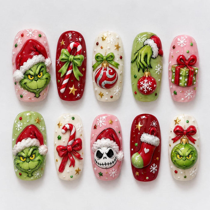 3D Grinch and Jack Skellington Christmas Press On Nails