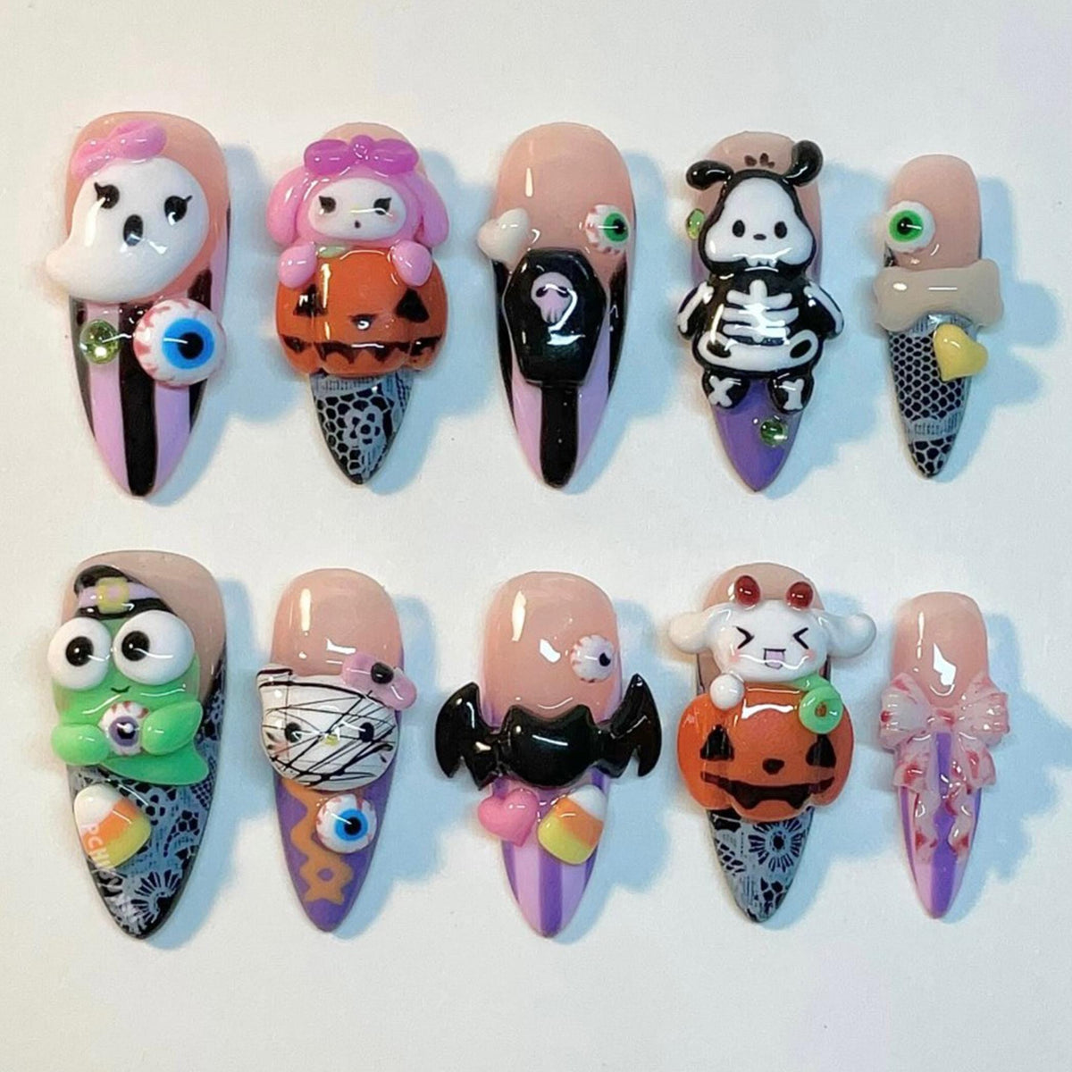 3D Halloween Character Press-On Nail Set with Ghosts, Pumpkins & a Black Bat