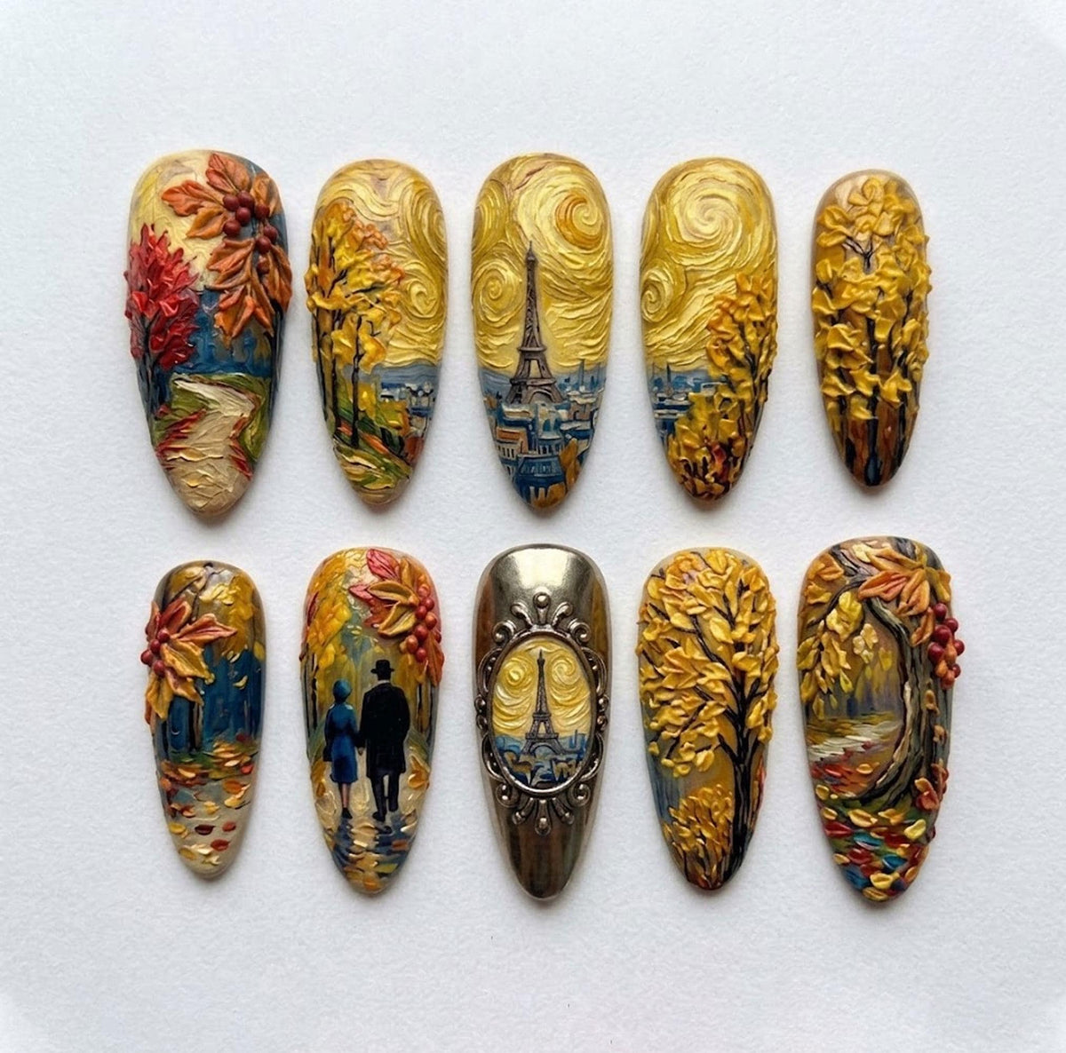 3D Impressionist Paris Autumn Nails With Eiffel Tower and Textured Golden Landscapes