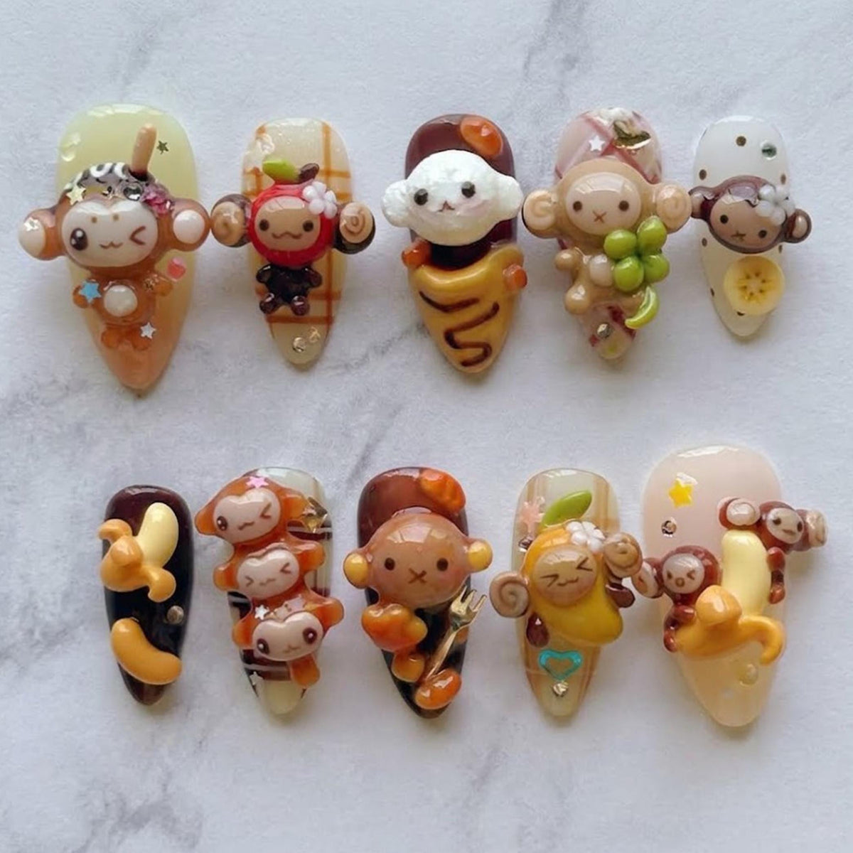 3D Kawaii Monkey and Banana Press-On Nail Set