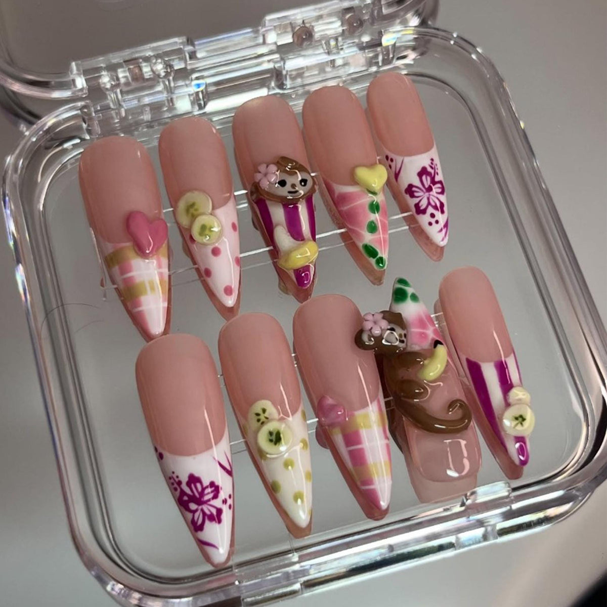 3D Monkey and Banana Nails With Hibiscus, Pastel Plaid and Polka Dots