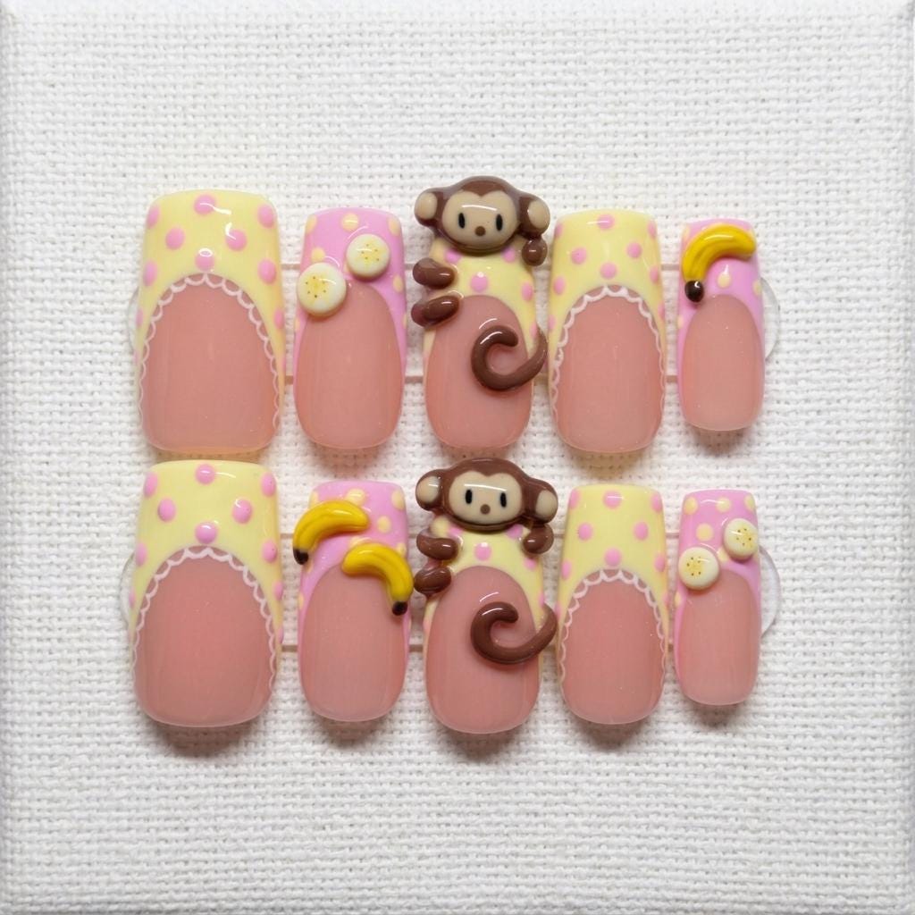 3D Monkey and Banana Press On Nails with Pink Polka Dots