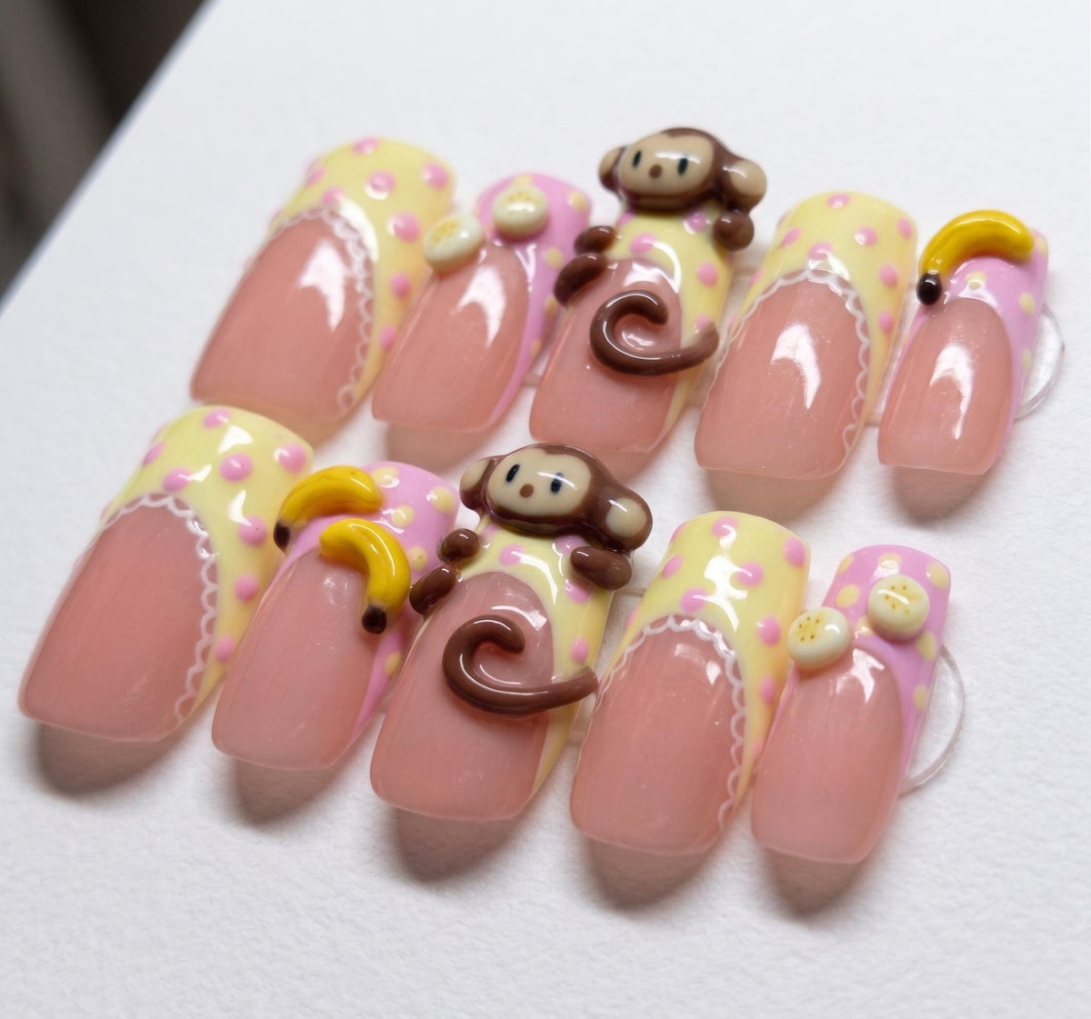 3D Monkey and Banana Press On Nails with Pink Polka Dots