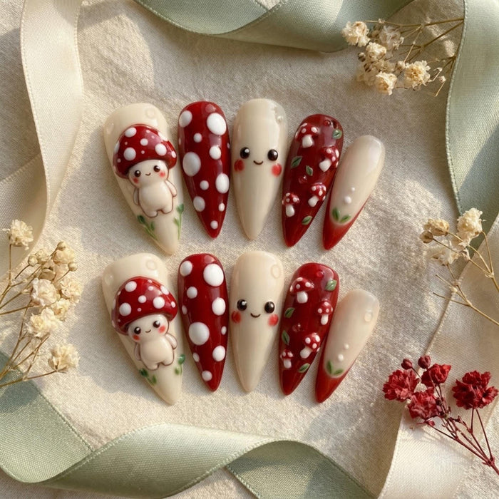 3D Mushroom and Polka Dot Press On Nails in Ivory and Red