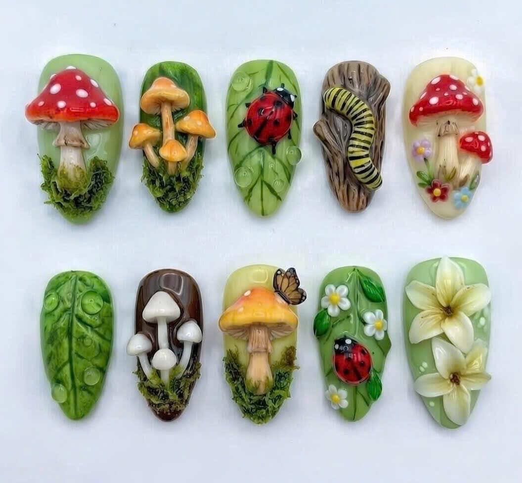 3D Mushroom, Ladybug & Woodland Garden Press On Nails