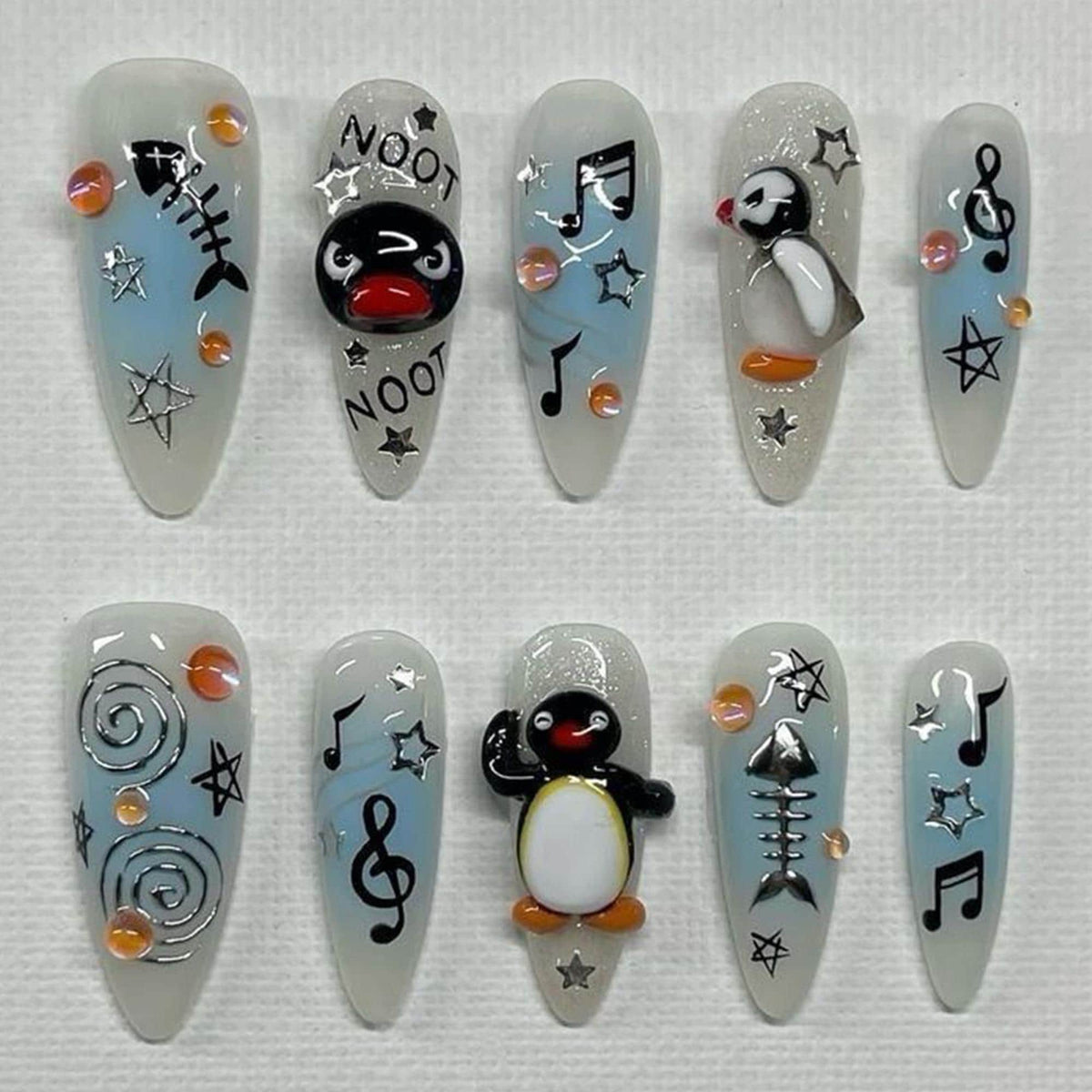 3D Penguin Musical Note and Fish Skeleton Press-On Nails, Playful Winter Art