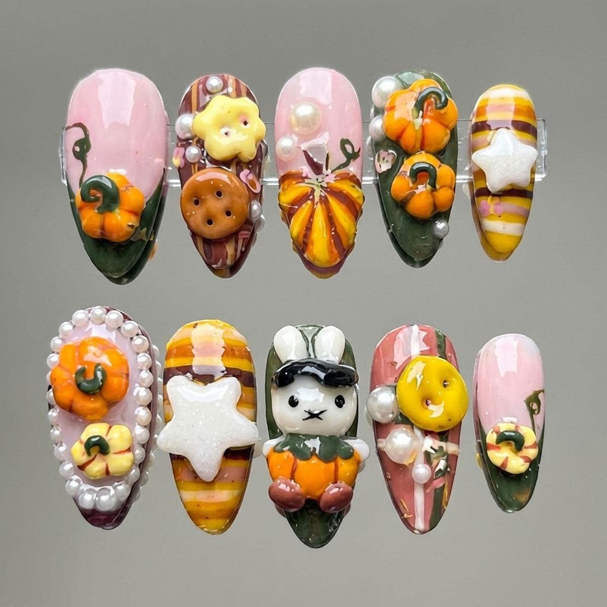 3D Pumpkin and Autumn Charm Press On Nails in Pink, Green, and Fall Colors