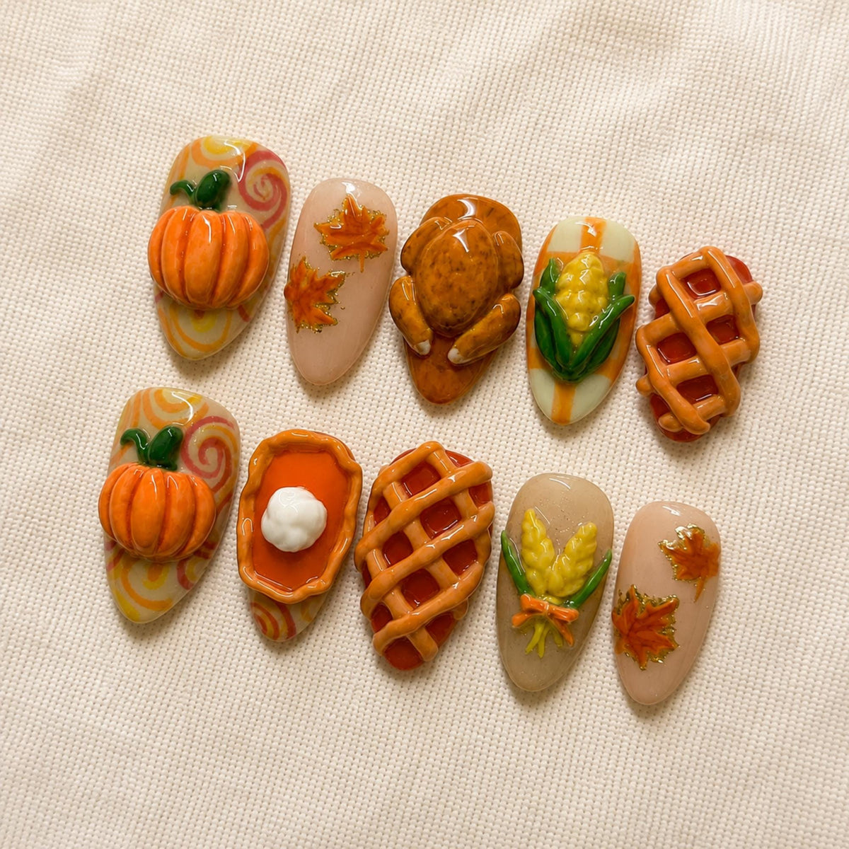3D Pumpkin, Turkey, Corn, and Harvest Thanksgiving Nail Set